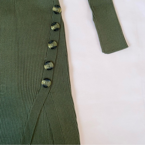 Olive Green Long Sleeve Ribbed Bodycon Midi Dress, XL - Picture 2 of 5
